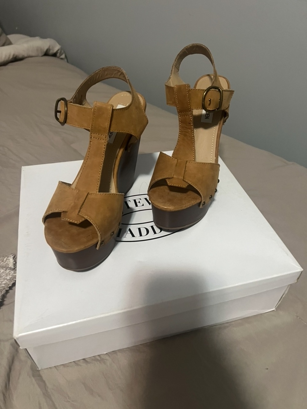 Tan Suede Platform Wedge Sandals with Ankle Strap
